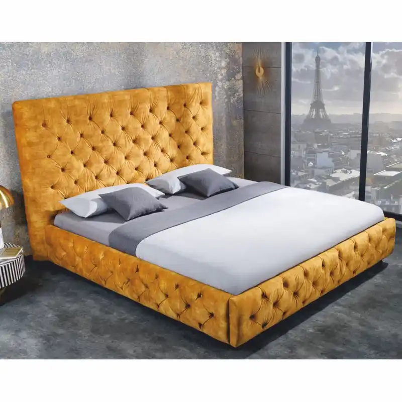 Casa Padrino Chesterfield Double Bed Mustard Yellow / Black 160 x 200 cm - Bedroom Furniture Echt