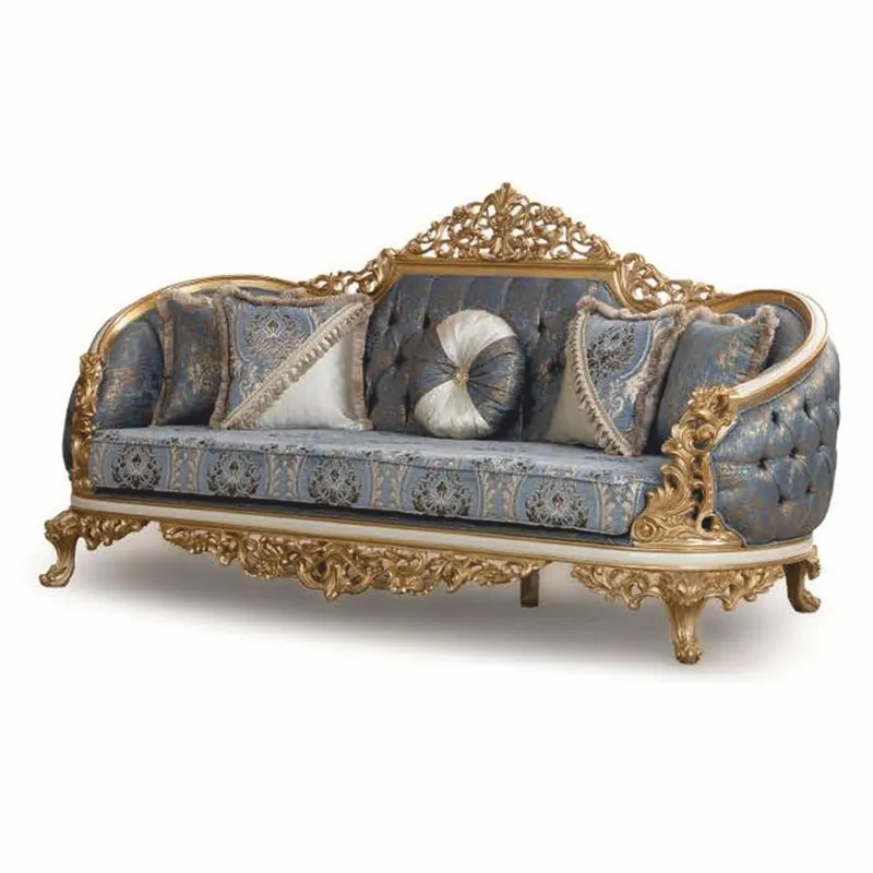 Echt Casa Padrino Luxury Baroque Sofa Blue / White / Gold 240 cm - Baroque Living Room Furniture