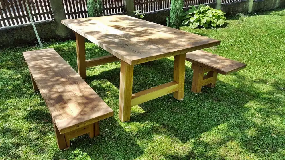 Jetzt Bestellen Casa Padrino meubles de jardin - Table rustique + 2 Bancs de jardin (Longueur: 200 cm) - Chêne bois massif - véritables meubles en bois massif