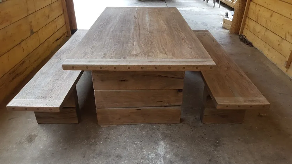 Casa Padrino meubles de jardin - Table rustique + 2 Bancs de jardin (Longueur: 200 cm) - Chêne bois massif - véritables meubles en bois massif Super-Preis