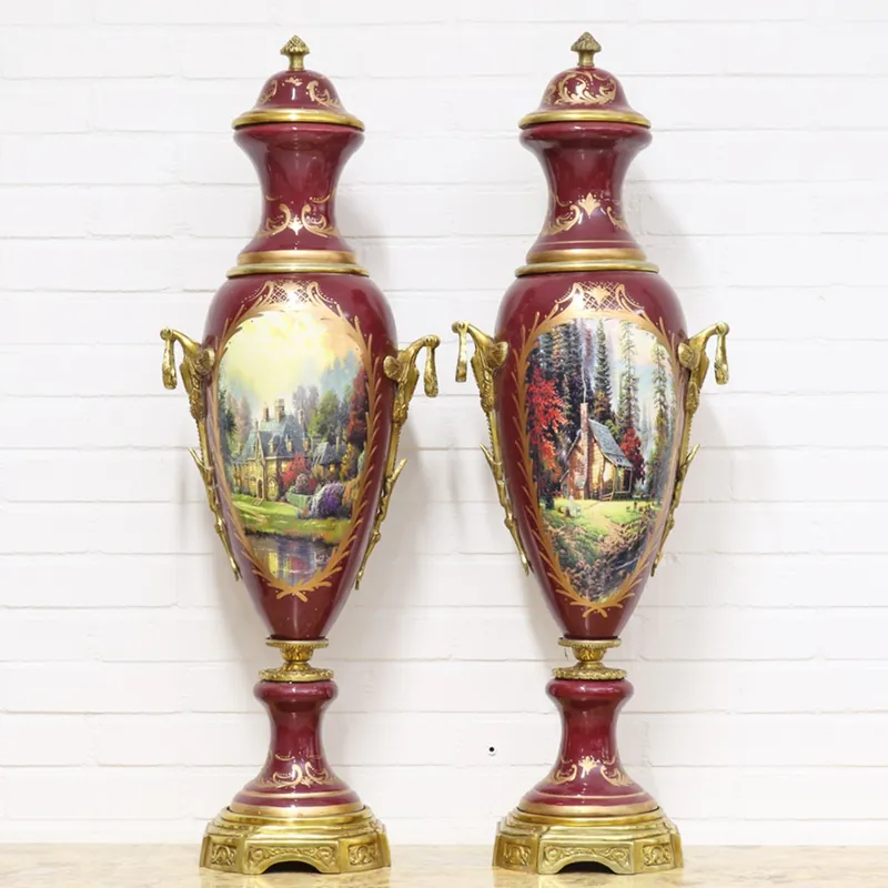 Casa Padrino Vases Deco Bordeaux Rouge / Or 30 x H. 100 cm - Vases en Porcelaine de Style Baroque Ausverkauf