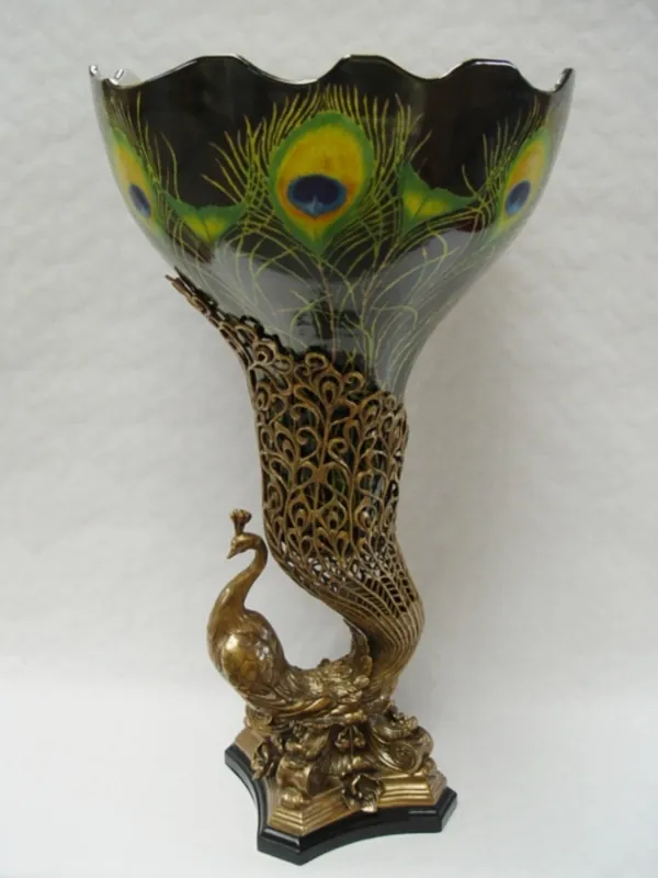 Markenware Casa Padrino Vase Baroque en Porcelaine / Laiton en Peacock Design - H. 69,5 cm - Vase Luxe