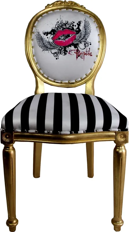 Finale Aktion Pompöös by Casa Padrino Chaise de baroque de luxe noir / blanc rayé / or - rose lèvres - chaise baroque Pompööser conçue par Harald Glööckler