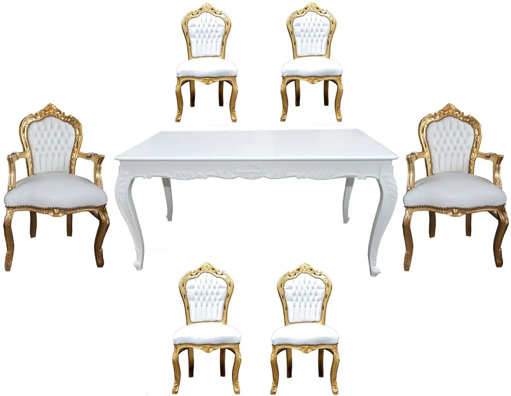 Ensemble de salle à manger baroque Casa Padrino blanc / or - Table à manger + 6 chaises Schneller Versand