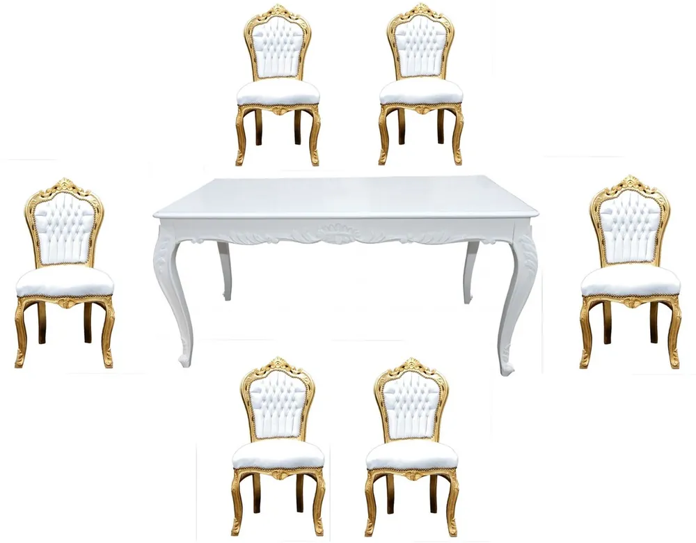 Ensemble de salle à manger baroque Casa Padrino blanc / or - Table à manger + 6 chaises sans accoudoirs Garantierte Lieferung