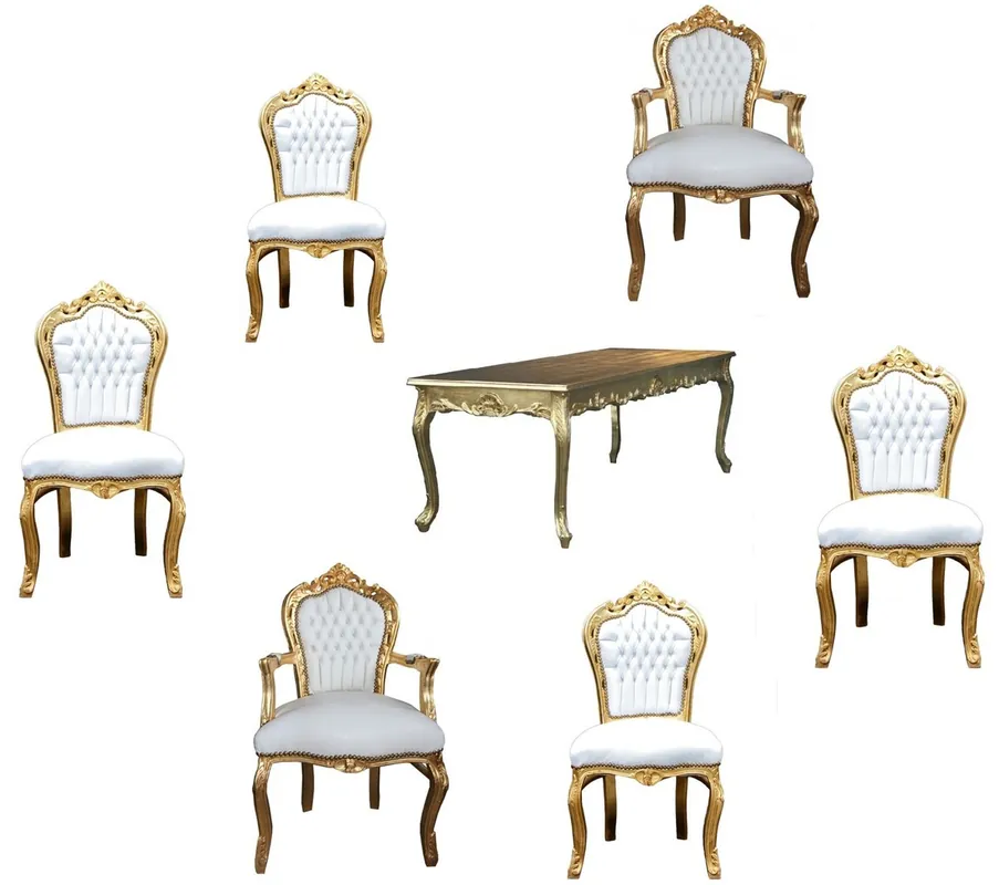 Ensemble de salle à manger baroque Casa Padrino blanc / or - Table à manger + 6 chaises Schneller Versand