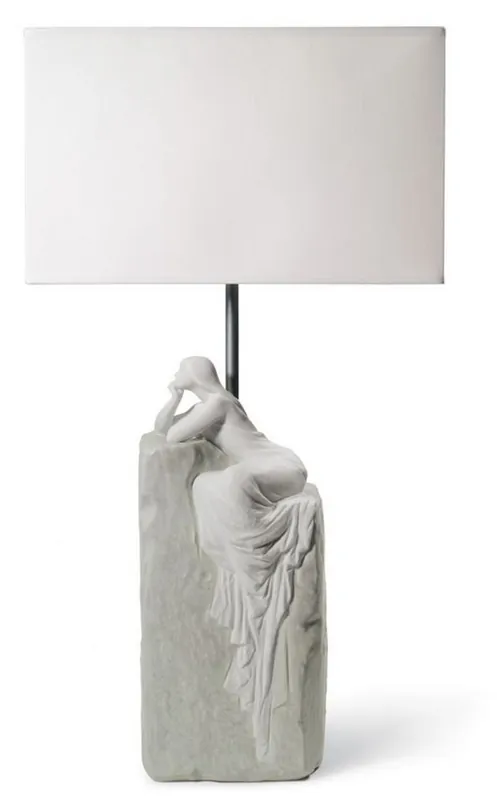 Casa Padrino lampe de table de luxe gris / blanc 30 x 20 x H. 57 cm - Lampe de Table Design avec Sculpture en Porcelaine Artisanale d'une Femme en Train de Méditer Mod2 Sonderaktion