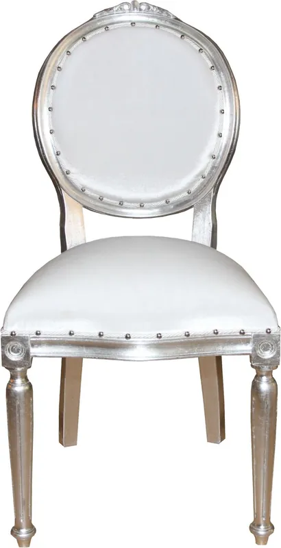 Casa Padrino Chaise de salle à manger de style médaillon Baroque sans accoudoirs en blanc / argent - Edition limitée Aktuell
