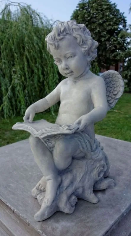 Casa Padrino Sculpture Art Nouveau Ange avec Livre Gris 18 x H. 40 cm - Figurine Jardin Déco Highlight
