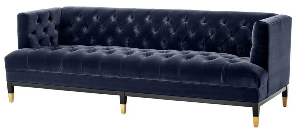 Top-Seller Casa Padrino canapé de salon de luxe bleu nuit / noir / laiton 230 x 85 x H. 79 cm - Canapé Chesterfield de Velours