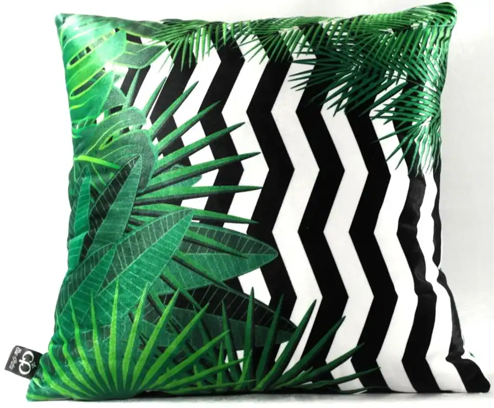 Sonderaktion Casa Padrino Oreiller de Luxe Orlando Feuilles de Palmier Noir / Blanc / Vert 45 x 45 cm - Tissu en Velours de Qualité Supérieure - Oreiller Décoratif de Salon