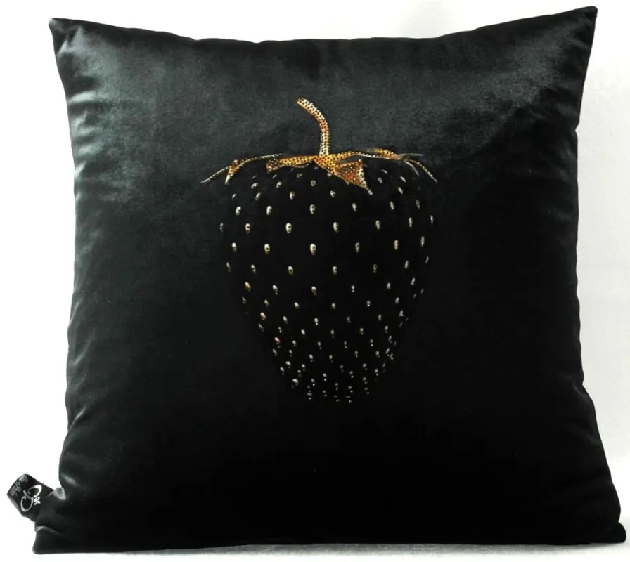 Geprüft Casa Padrino Oreiller Décoratif de Luxe Fraise avec Pierres Scintillantes Bling Bling Noir / Or 45 x 45 cm - Velours de Qualité Supérieure - Accessoires de Décoration de Luxe