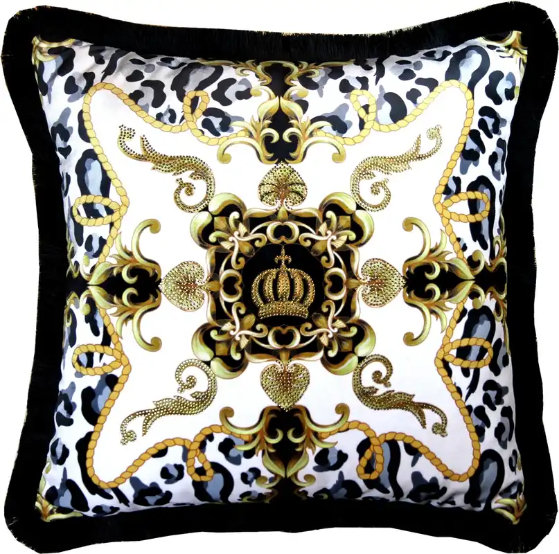 Sichere Zahlung Harald Glööckler Oreiller Décoratif de Luxe Pompöös de Casa Padrino Blason avec Strass Noir / Blanc / Or - Velours de Qualité Supérieure - Glööckler Coussin