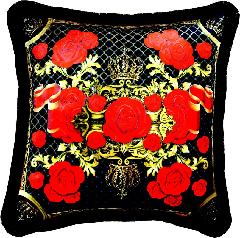Sichere Zahlung Harald Glööckler Coussin Décoratif de Luxe Pompöös de Casa Padrino Couronnes et Roses Noir / Rouge / Or - Velours de Qualité Supérieure - Glööckler Coussin avec Strass Pierres