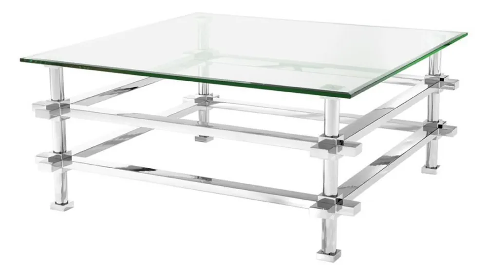 Casa Padrino table basse de luxe argent 100 x 100 x H. 45,5 cm - Table de Salon en Acier Inoxydable avec Plateau en Verre Direktkauf