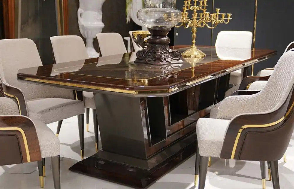 Casa Padrino table de salle à manger de luxe gris / marron / or 350 x 112 x H. 70 cm - Table de cuisine rectangulaire en bois massif - Mobilier de salle à manger - Mobilier de luxe Preis Gesenkt