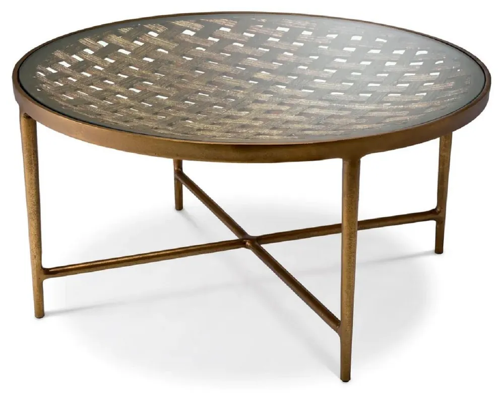 Casa Padrino table basse de luxe laiton antique Ø 90 x H. 44,5 cm - Table de salon ronde en aluminium avec plateau en verre - Meuble de luxe - Meuble de salon - Ameublement de luxe Sofort Bestellen