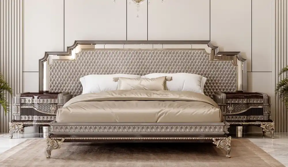 Preisknaller Casa Padrino lit double baroque de luxe et 2 tables de chevet gris / marron foncé / or
