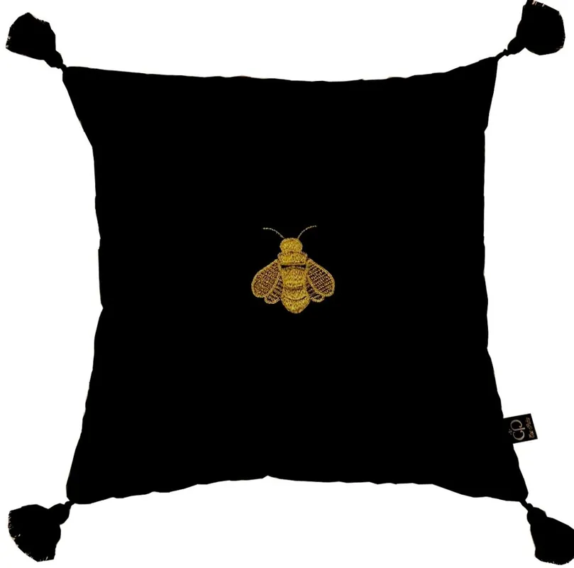 Saisonangebot Casa Padrino coussin décoratif de luxe avec pompons abeille noir / or 45 x 45 cm