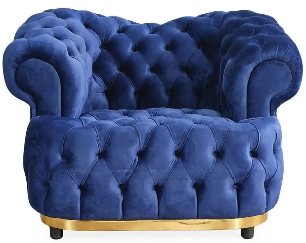 Casa Padrino Fauteuil Chesterfield de Luxe en Velours Bleu / Or / Noir 110 cm Preisreduziert