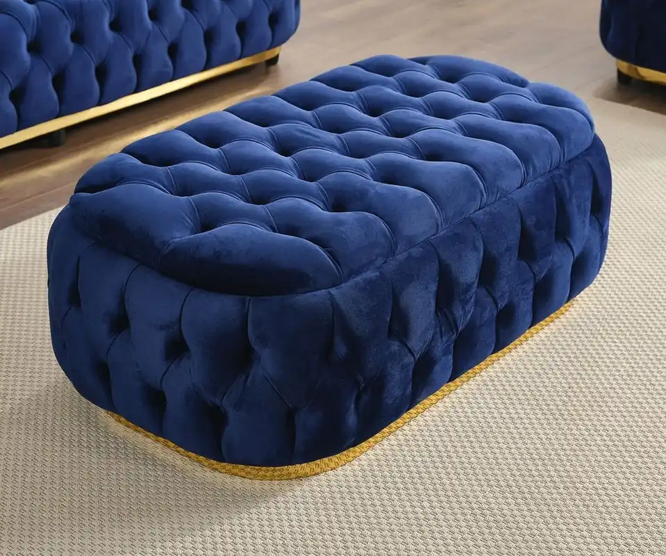 Casa Padrino tabouret Chesterfield de luxe en velours bleu / or 110 cm Must-Have