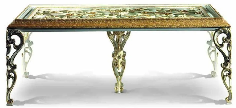 Top-Preis Casa Padrino table à manger baroque de luxe avec plateau en verre ivoire / or 212 cm - Fabriqué en Italie