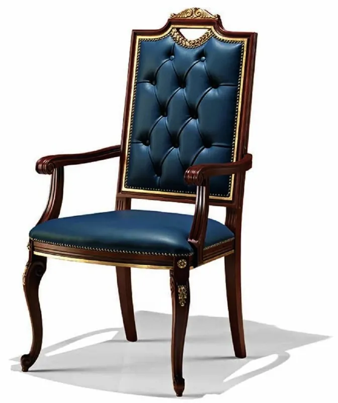 Casa Padrino Chaise de Salle à Manger Baroque de Luxe avec Accoudoirs Bleu / Marron / Or - Meubles Baroques Fabriquée en Italie Bestseller