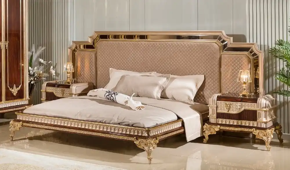 Garantierte Lieferung Casa Padrino lit double baroque de luxe avec 2 tables de chevet gris / marron foncé / or - Meubles baroques