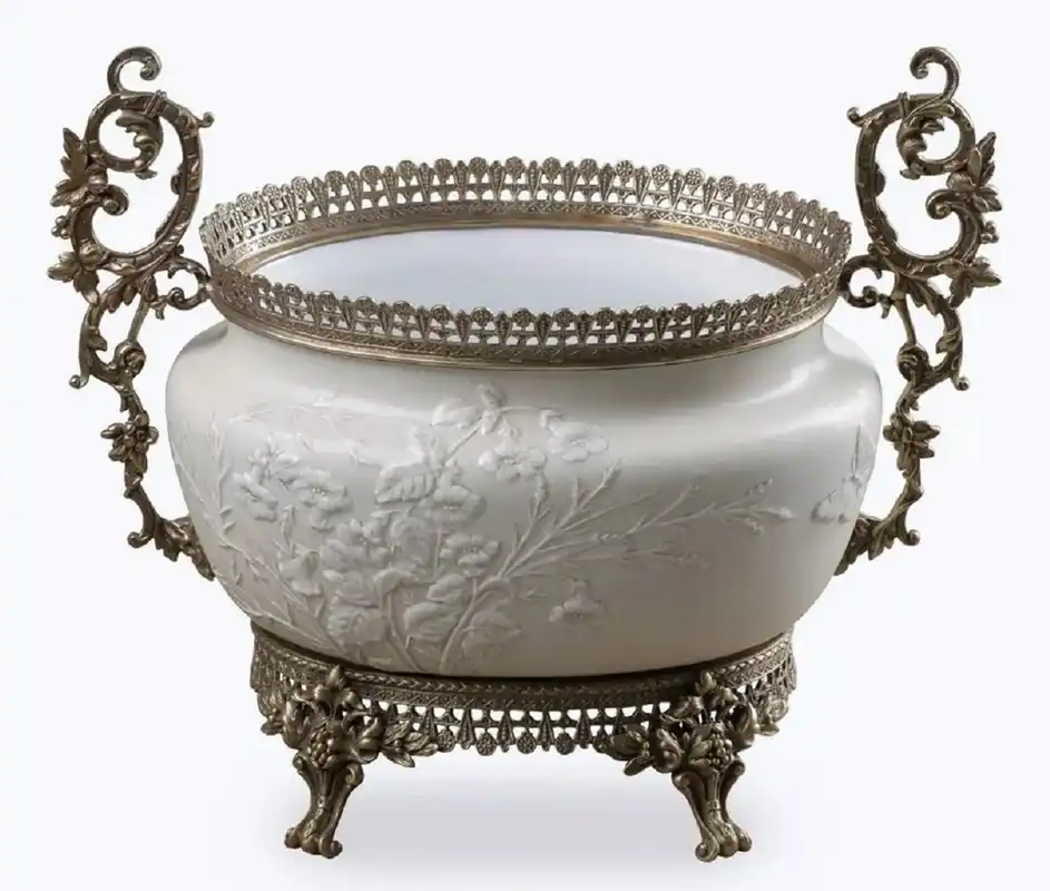 Zertifiziert Casa Padrino bol baroque en porcelaine gris / blanc / bronze H. 34 cm - Accessoires de décoration baroques