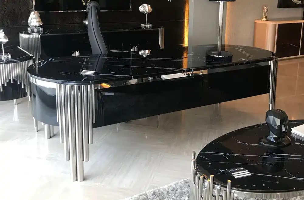 Casa Padrino bureau de luxe avec plateau en marbre artificiel noir / argent 260 cm - Meubles de bureau de luxe Geprüft