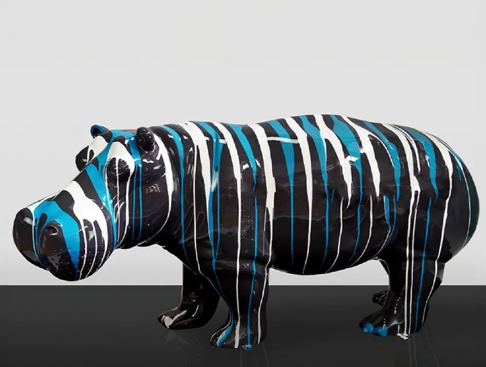 Casa Padrino sculpture décorative XXL hippopotame noir / bleu / blanc 175 cm - Figurine de décoration de jardin grandeur nature Kracherpreis