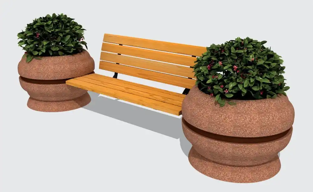 Markenprodukt Casa Padrino banc de parc - Banc de ville avec 2 pots de fleurs naturel / noir / marron 310 cm - Meubles d'extérieur et de parc