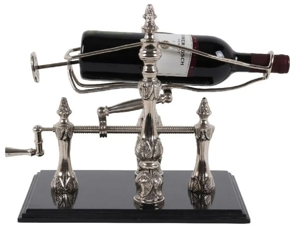 Sonderaktion Casa Padrino support à vin Art Nouveau argent / noir 40 cm - Support à bouteilles de vin avec socle en marbre