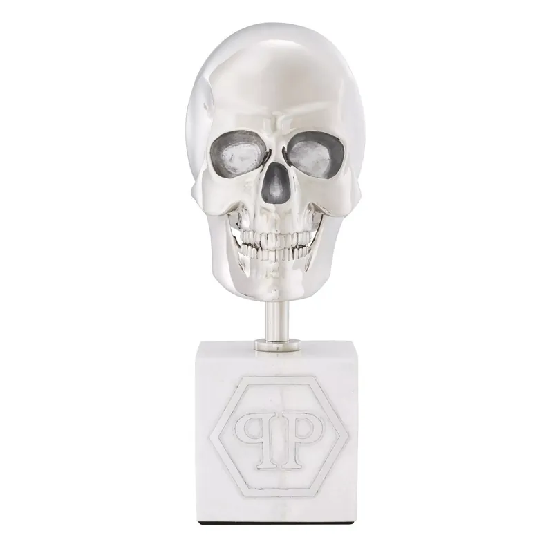 Markenprodukt Philipp Plein crâne décoratif de créateur de luxe platine / blanc H. 20cm - sculpture crâne sur socle en marbre