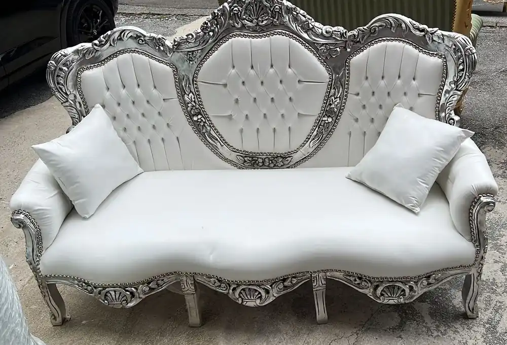 Solange Der Vorrat Reicht Casa Padrino canapé baroque en cuir artificiel blanc / argent 180 cm - Meubles de salon baroques