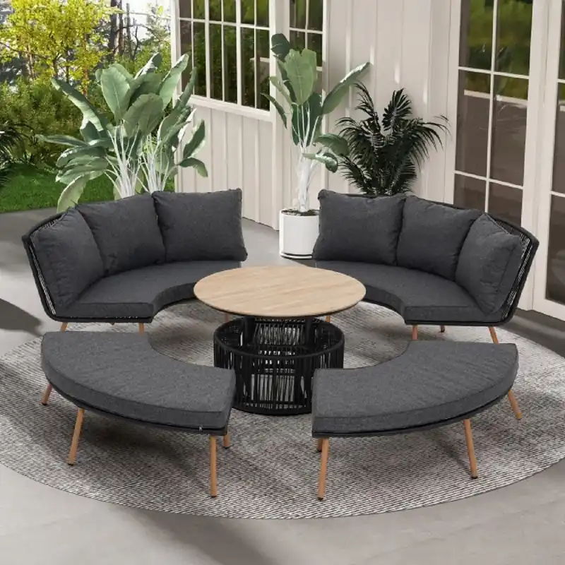 Neu Casa Padrino ensemble de meubles de jardin de luxe gris / naturel - 2 Canapés de jardin & 2 Bancs de jardin & 1 Table de jardin