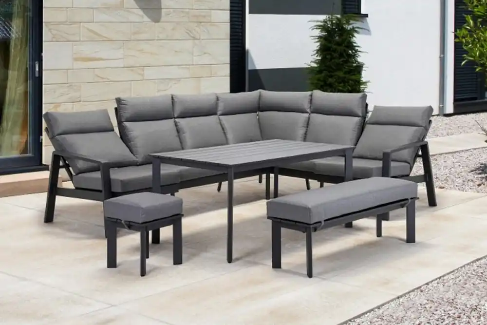 Ausverkauf Casa Padrino ensemble de meubles de jardin de luxe gris - 1 Table & 1 Canapé d'Angle & 1 Banc & 1 Tabouret