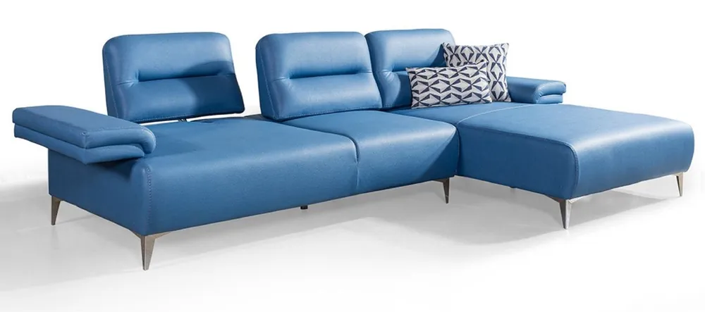Casa Padrino canapé d'angle de luxe en cuir artificiel bleu / argent 285 x 182 cm - Meubles de salon Versand Am Gleichen Tag