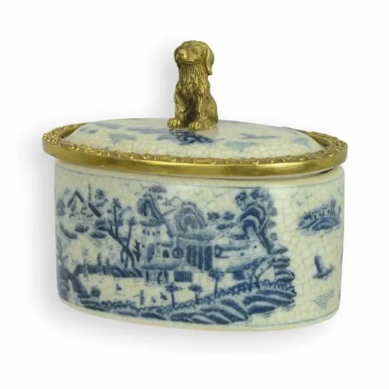 Sonderaktion Casa Padrino sucrier baroque en porcelaine avec couvercle crème / bleu / laiton H. 12 cm