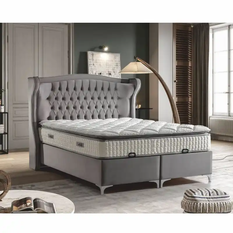 Casa Padrino Lit Double Chesterfield de Luxe en Velours avec Matelas Gris / Argent - Différentes Tailles Preisreduziert