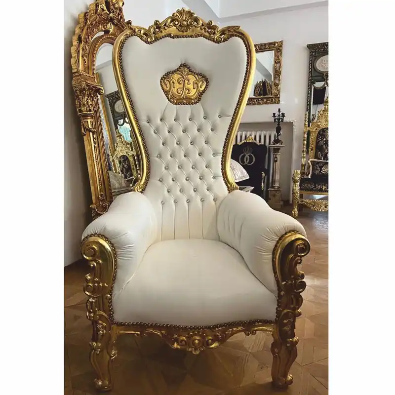 Casa Padrino fauteuil trône baroque en cuir artificiel et strass blanc / or H. 182 cm Garantierte Lieferung