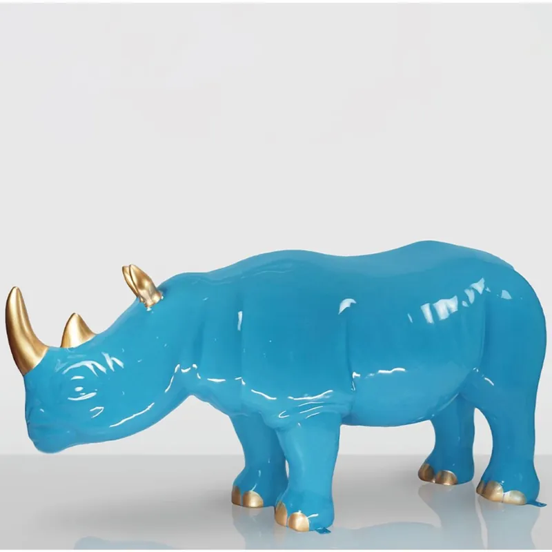 Sichere Zahlung Casa Padrino sculpture décorative XXL rhinocéros bleu clair / or 175 cm - Figurine de décoration de jardin géante