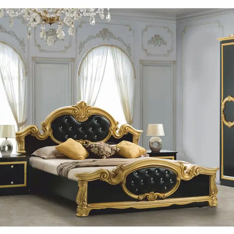 Casa Padrino lit double baroque de luxe avec strass noir / or - Meubles de chambre Letzte Chance