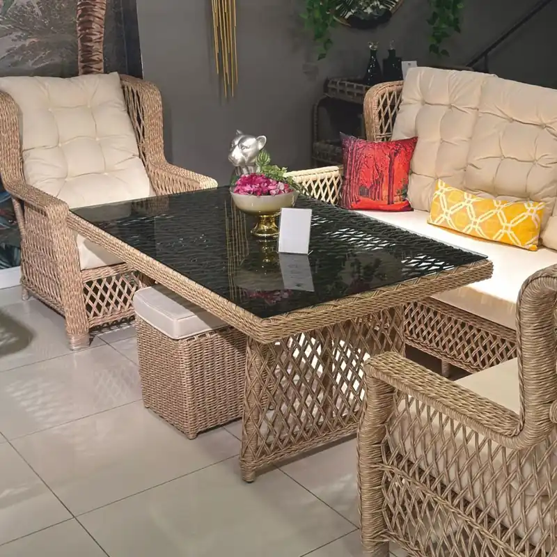 Markenware Casa Padrino table à manger de jardin en rotin de luxe avec plateau en verre naturel / gris 200 cm