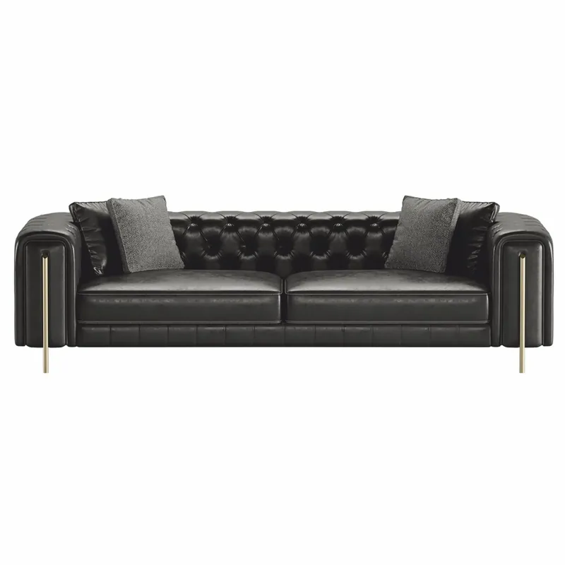 Casa Padrino canapé Chesterfield de luxe cuir artificiel noir / laiton 262 cm - Meubles de luxe Neuheit