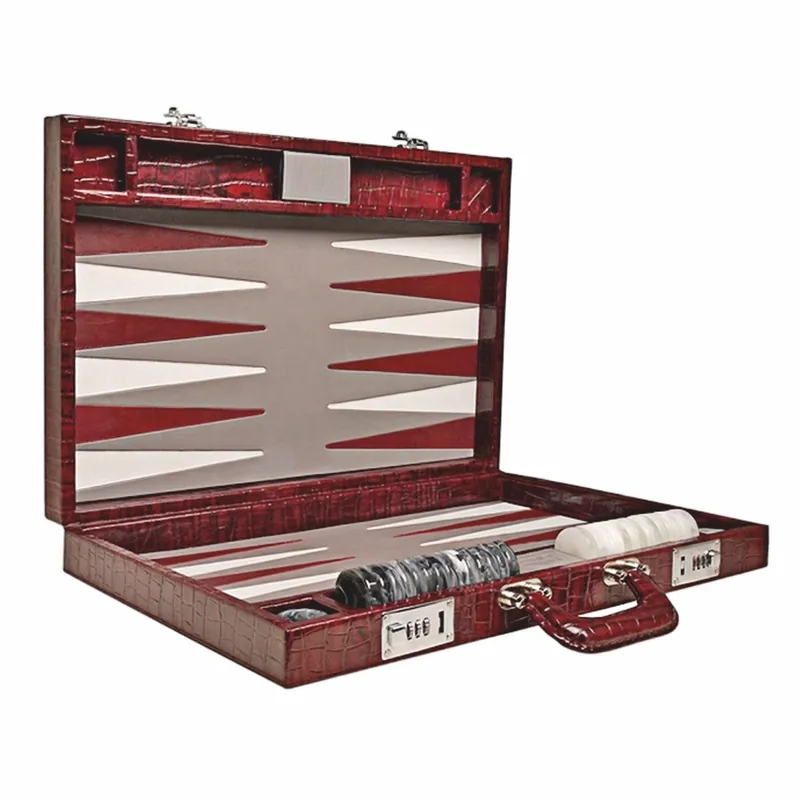 Casa Padrino Mallette de Backgammon de Luxe en Cuir Véritable Aspect Crocodile Bordeaux Rouge - Accessoires de Luxe Neu