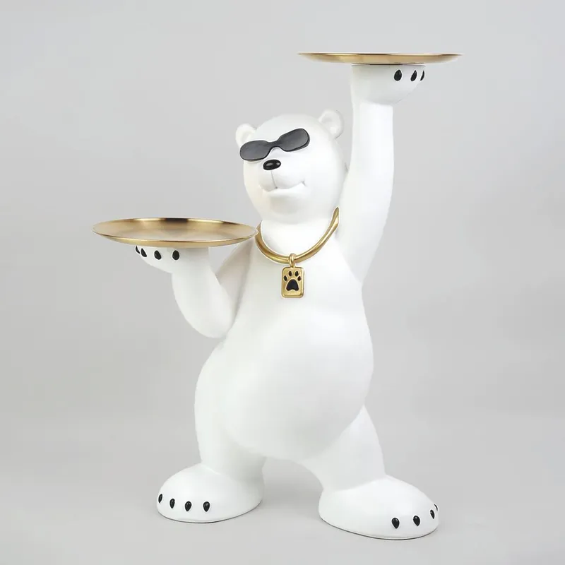 Jetzt Bestellen Casa Padrino figurine décorative ours avec 2 plateaux blanc / noir / or H. 78 cm - Sculpture décorative
