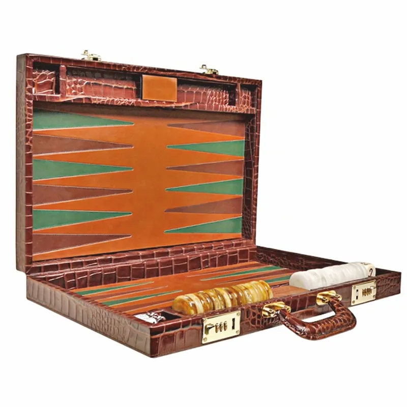 Direkt Vom Hersteller Casa Padrino Mallette de Backgammon de Luxe en Cuir Véritable Aspect Crocodile Marron - Accessoires de Luxe