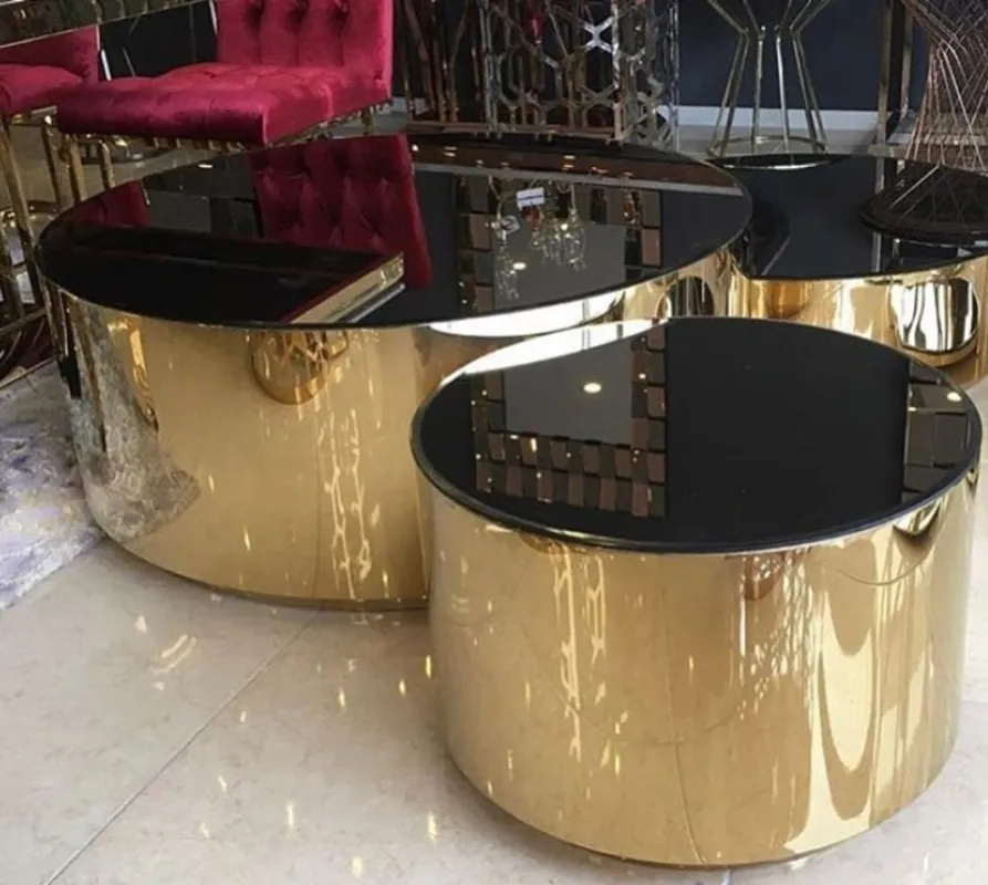 Günstig Casa Padrino set da tavolo soggiorno di lusso oro / nero - 3 tavoli da salotto con piano in vetro - Mobili da soggiorno di lusso
