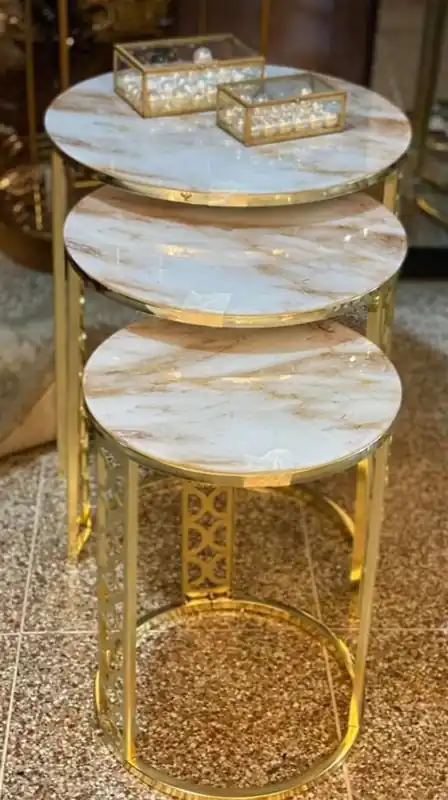 Casa Padrino set di tavolini di lusso oro / bianco-beige - 3 Tavoli rotondi in metallo con piano in marmo - Mobili da soggiorno di lusso Super-Preis